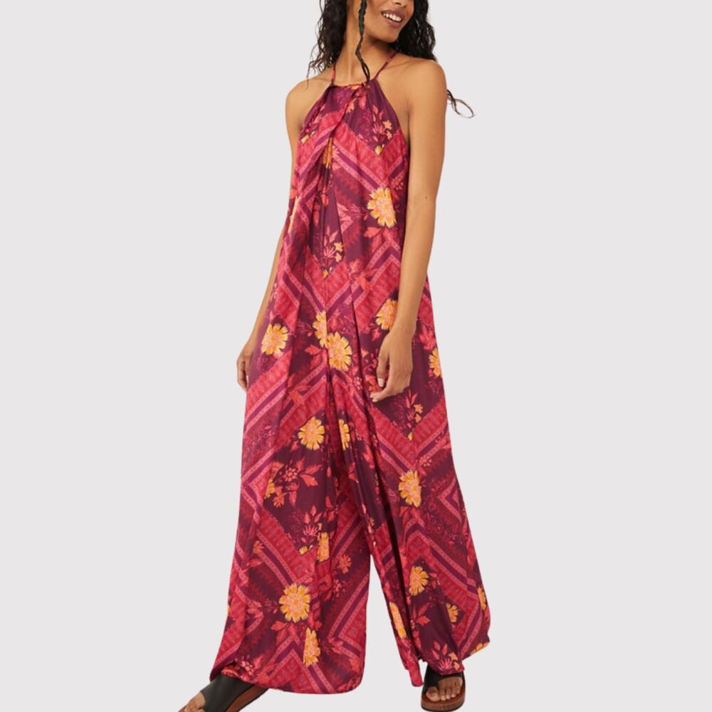 Free People Womens Jumpsuit Raspberry Luca Wide Leg Floral Halter Boho Large